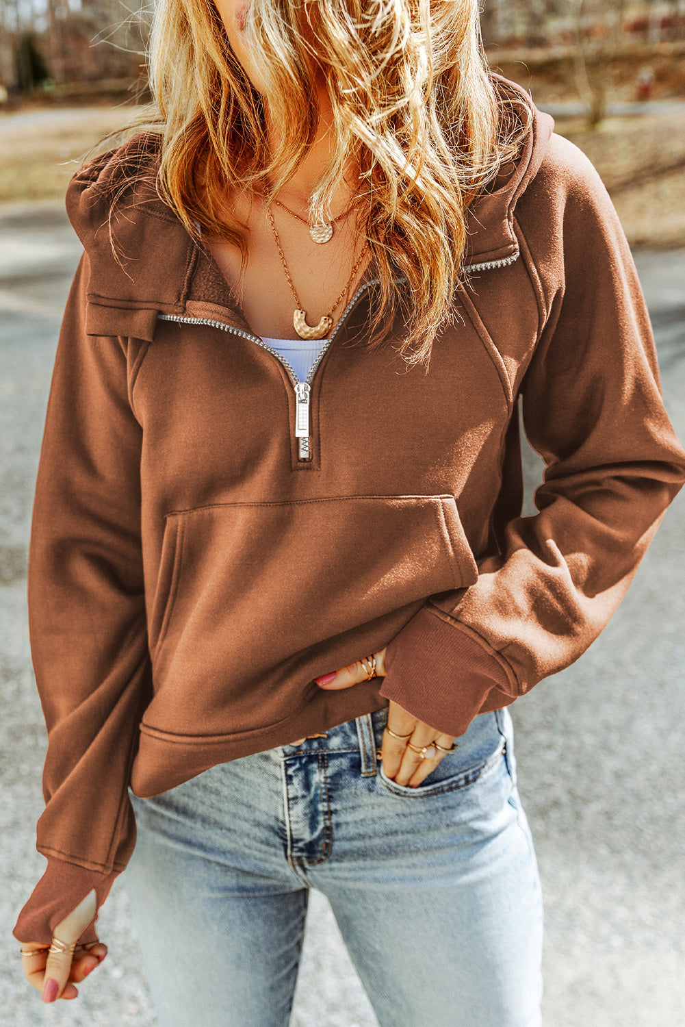 Olivia Half-Zip Thumbhole Sleeve Hoodie
