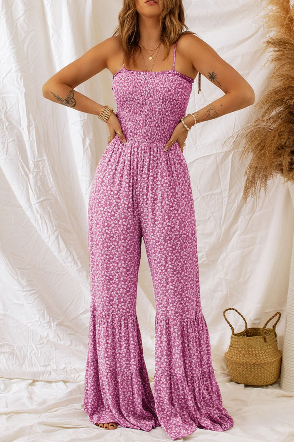 Reilly Smocked Printed Wide Strap Jumpsuit