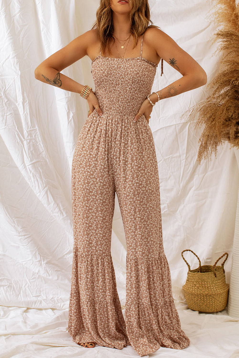 Reilly Floral Spaghetti Strap Smocked Wide Leg Jumpsuit