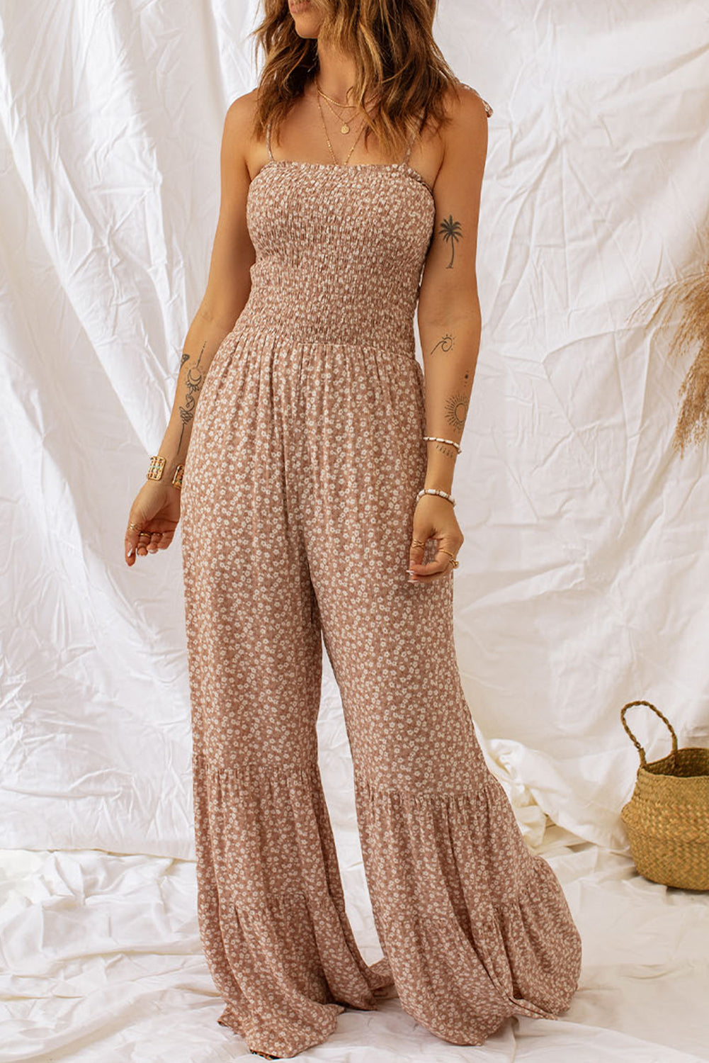 Reilly Floral Spaghetti Strap Smocked Wide Leg Jumpsuit