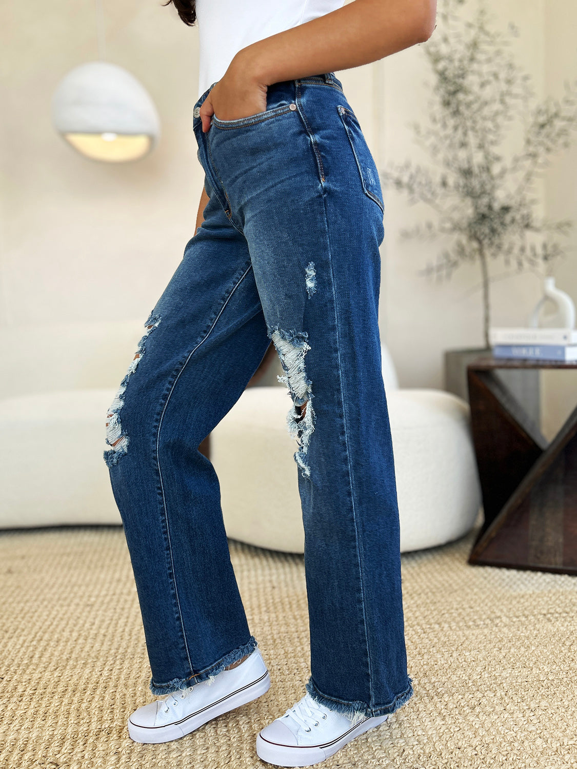 Ellie Mid Rise Distressed Raw Hem Jeans