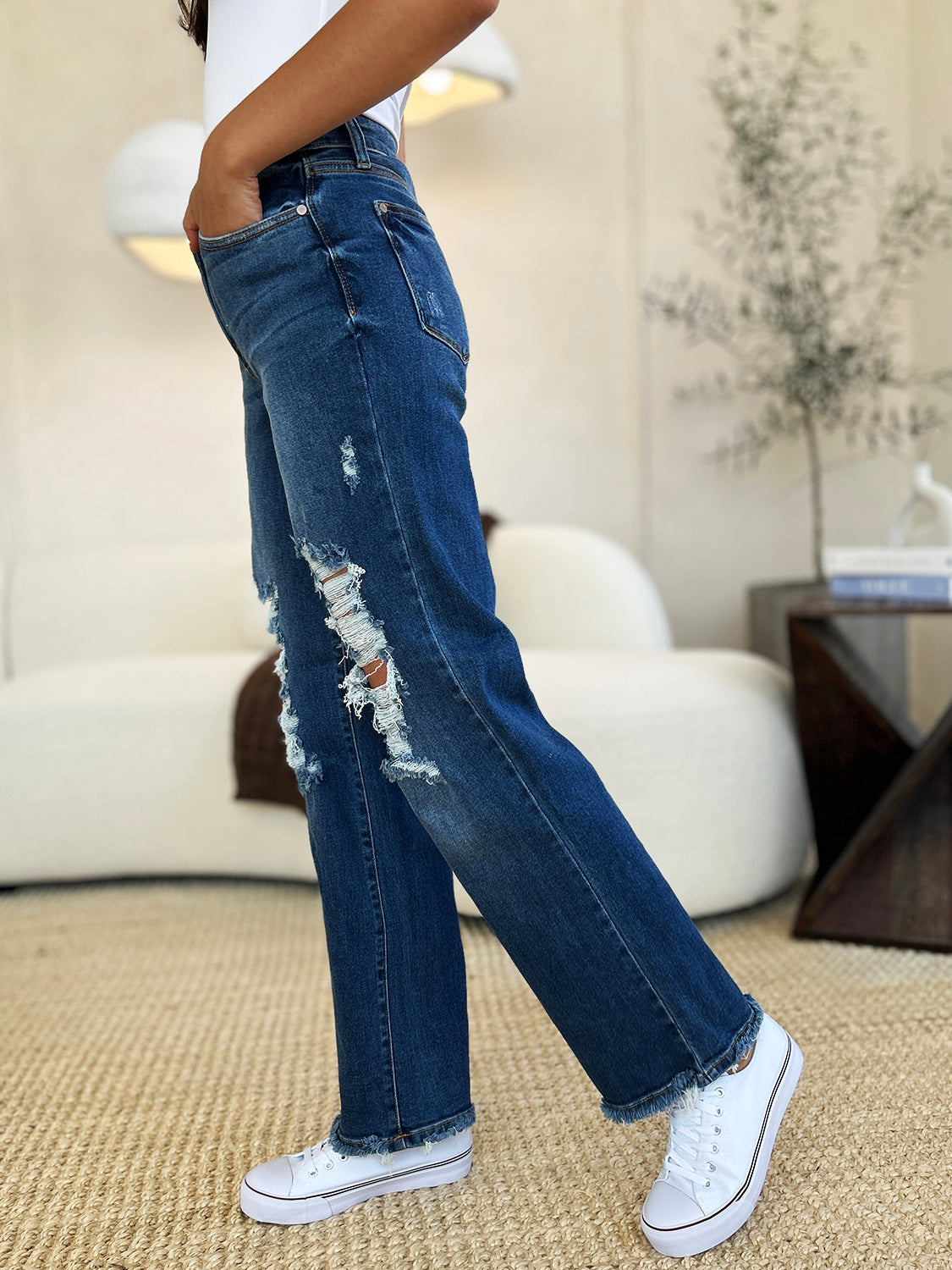 Ellie Mid Rise Distressed Raw Hem Jeans