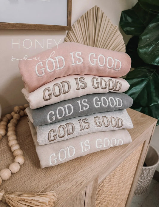 God is good embroidered crew