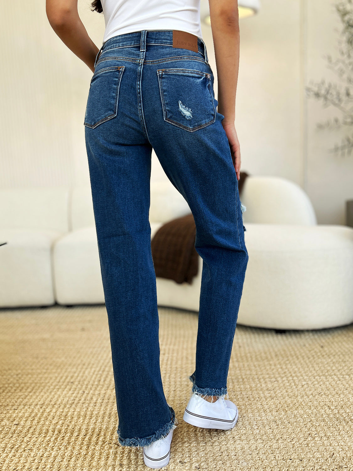 Ellie Mid Rise Distressed Raw Hem Jeans