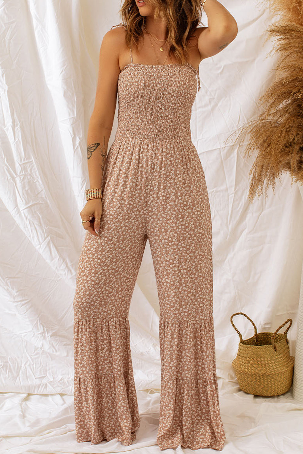 Reilly Floral Spaghetti Strap Smocked Wide Leg Jumpsuit