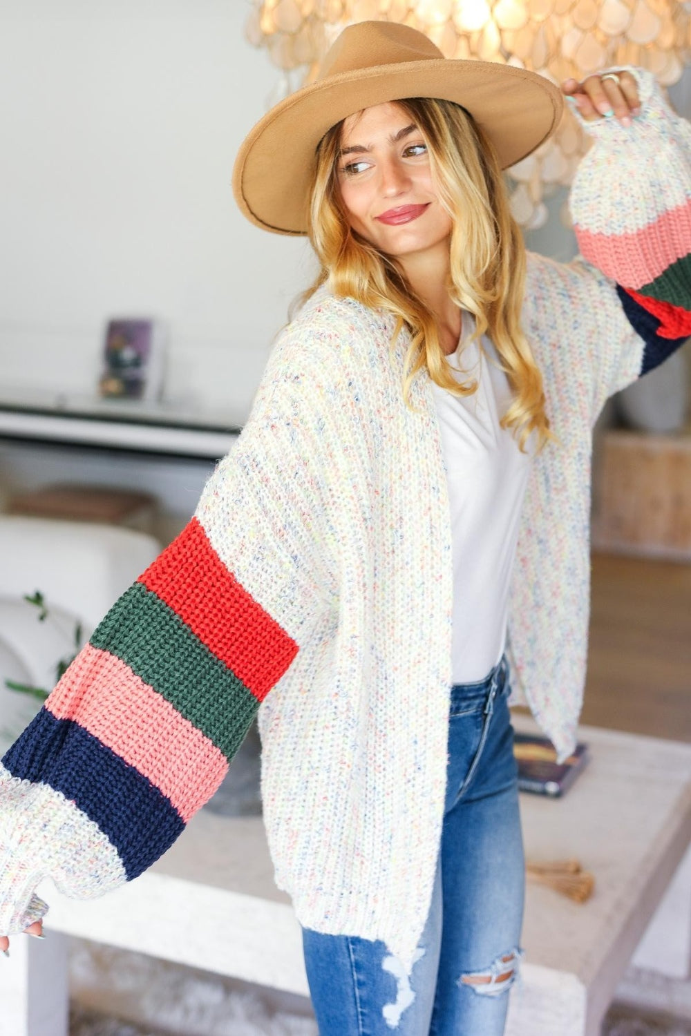 Ava Color Block Open Front Cardigan