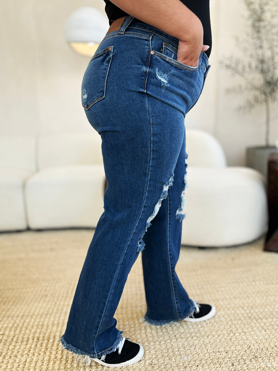 Ellie Mid Rise Distressed Raw Hem Jeans